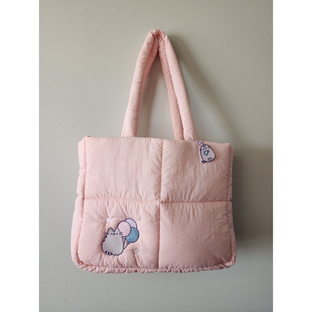 Pusheen the Cat Pink Quilted Puffer Tote Bag with Embroidered Balloons & Charm